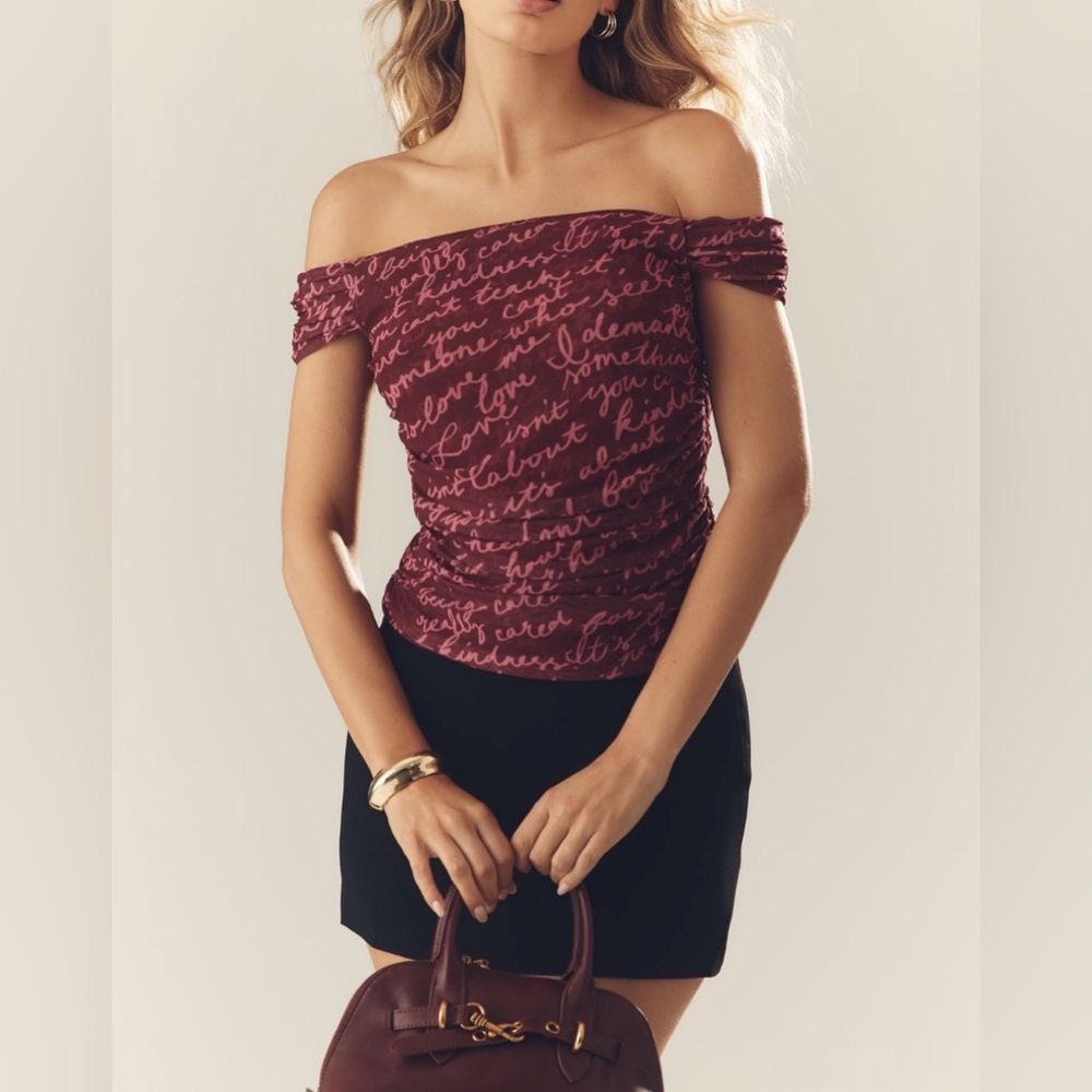 🟠NWT MAEVE by ANTHROPOLOGIE Off-The-Shoulder Mesh Top in Deep Maroon